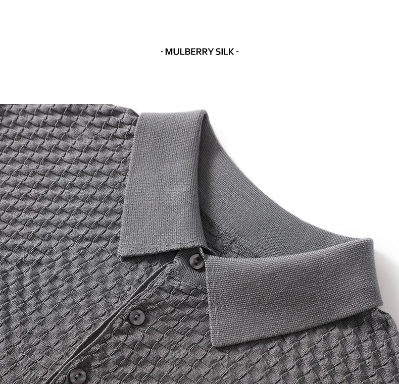 Business High-End Quality Men's Silk Pullover Short Sleeved POLO Neck Solid Color Breathable T-Shirt Knit Bottom Top 2023 Summer