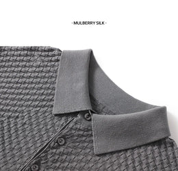 Business High-End Quality Men's Silk Pullover Short Sleeved POLO Neck Solid Color Breathable T-Shirt Knit Bottom Top 2023 Summer