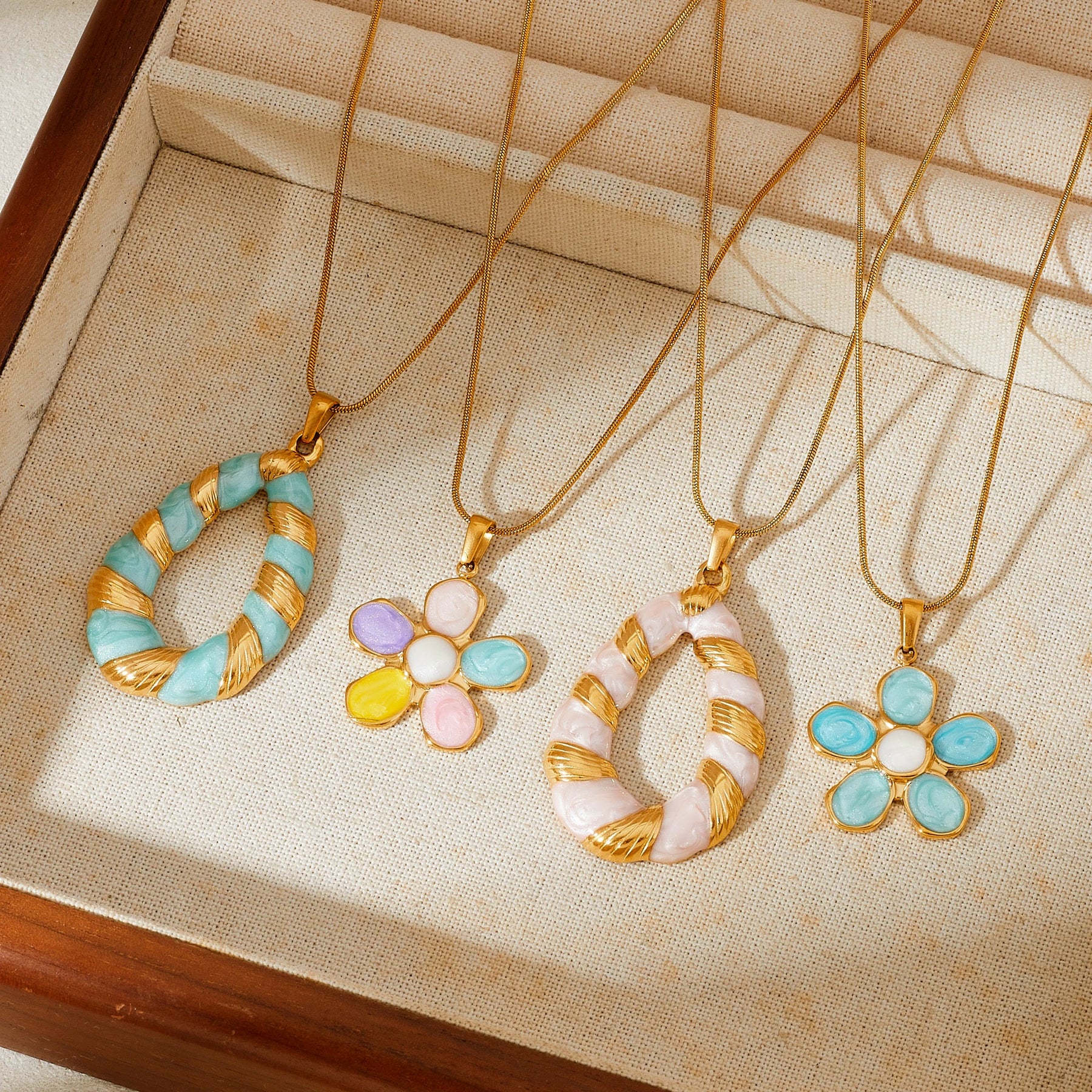 DIEYURO Multicolor Pastel Enamel Heart Cross Sun Floral Pendant Necklace Collection Lady Stainless Steel Waterproof Jewelry Gift