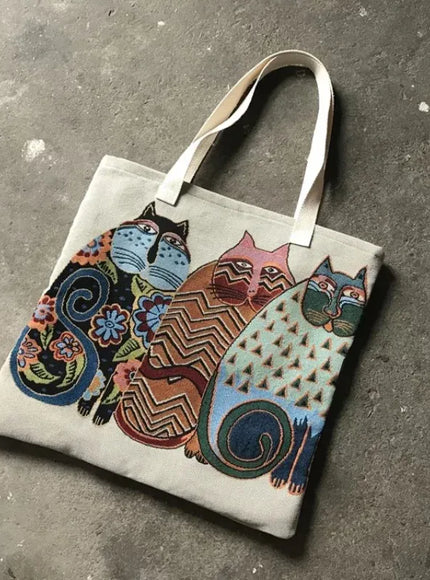 Cute Cat Pattern Wide Horizontal Canvas Tote
