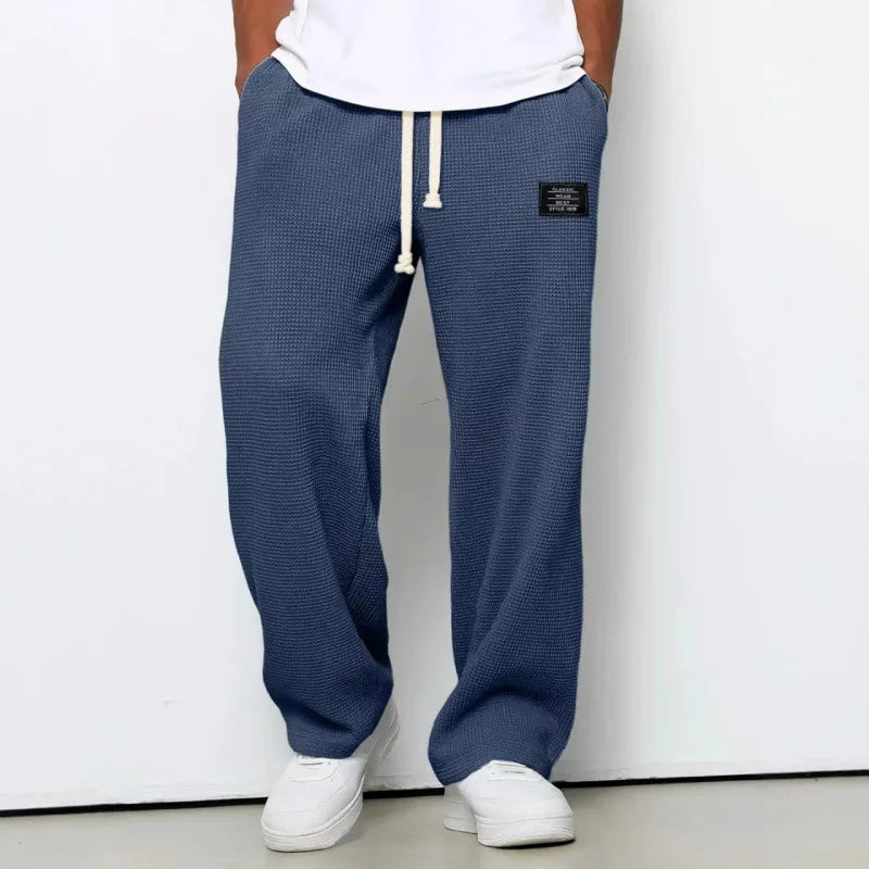 American Style Men's Waffle Textured Wide Leg Sweatpants Drawstring Elastic Waist Casual Loose Fit Streetwear Joggers