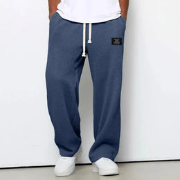 American Style Men's Waffle Textured Wide Leg Sweatpants Drawstring Elastic Waist Casual Loose Fit Streetwear Joggers