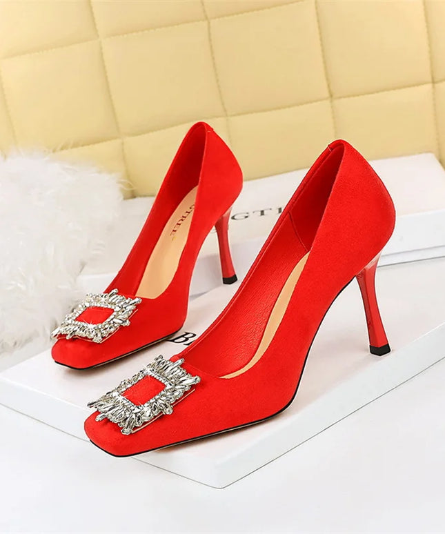 Fashion Women High Heels Metal Rhinestone Buckle Square