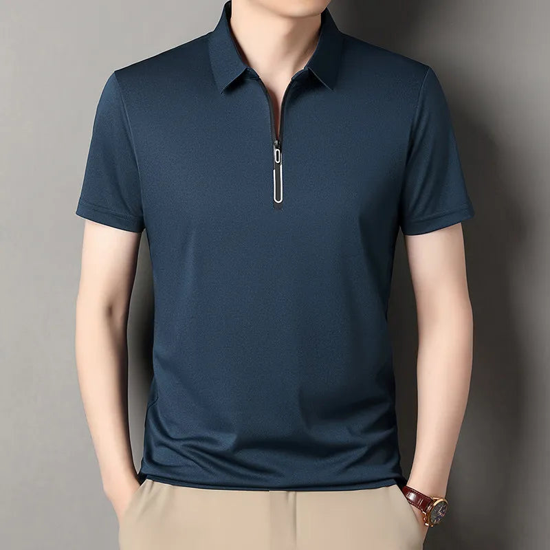 New Men's Business Casual Zipper Short Sleeve Solid Color Polo Shirt Fashionable Warm Comfortable Four Seasons Versatile Top