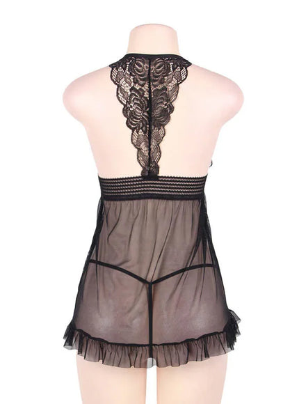 Plus size half tansparent mesh satin women sexy lingerie set nightgown and sleepshirts babydoll chemise with G-String from M-5XL