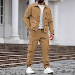Spring and Autumn Men's fashionable new sporty workwear style solid color multi-pocket design long-sleeved long pants set