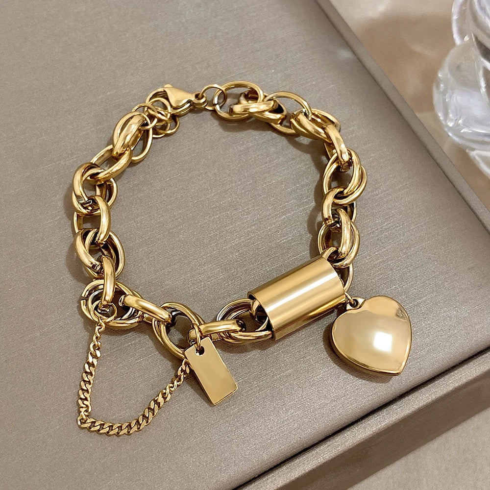 Heart Lock Stainless Steel Charm Bracelet Chunky Gold Plated Chain Love Bracelets for Women Valentine Gift