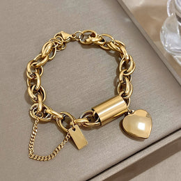 Heart Lock Stainless Steel Charm Bracelet Chunky Gold Plated Chain Love Bracelets for Women Valentine Gift