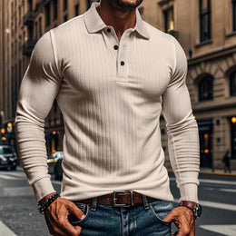 Cross-border Autumn Men's Classic Casual American Lapel Button-up Long-sleeved T-Shirt Elastic Pit Strip Polo Shirt