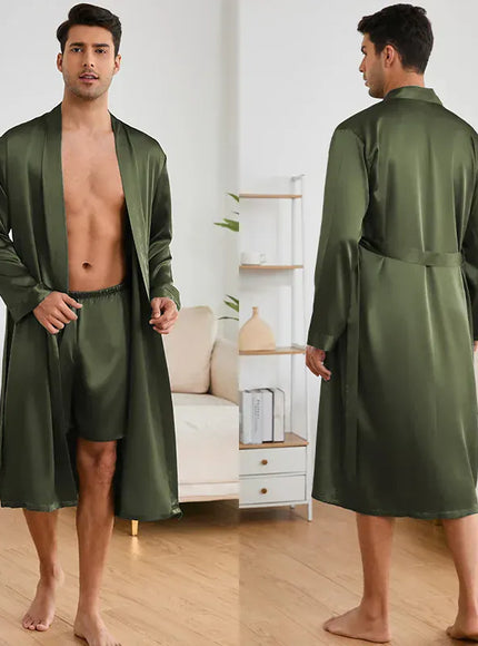 KissICON Green / L Mens Silk Satin Pajama Robe Set Luxe Loungewear