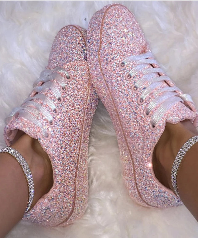 Women Lace Up Sneakers Glitter Summer Flats Vulcanized Shoes Ladies Bling Casual Female Fashion Platform Shoe Zapatos De Mujer