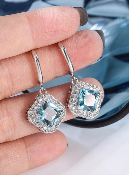 High Quality 925 Silver Plated Earrings for Womes Children Exquisite Square Geometric Jewelry Brilliant Blue Zircon Earring