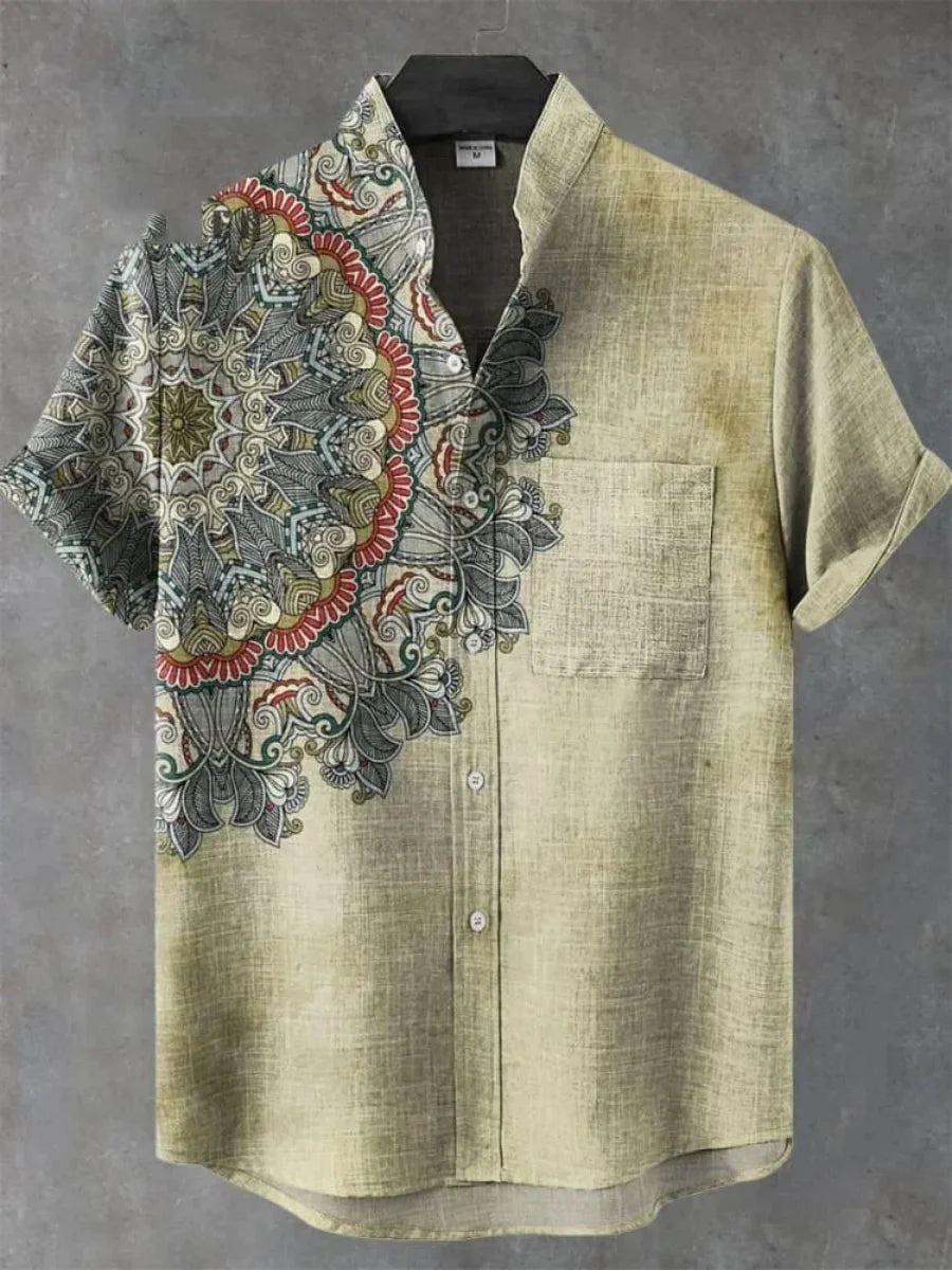 Summer Men's Printed Short Sleeve Shirt Vintage Linen Shirt Men's Festival Casual Short Sleeve Top Street Trend Fast Delivery