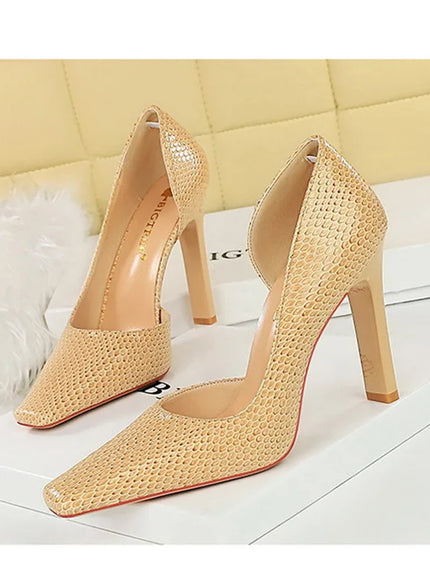 Woman Vintage Snake Print Pumps Square Toe Patent