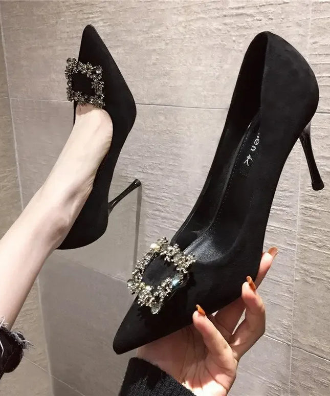 Women New Mid Heeled Sandals Black Square Buckle