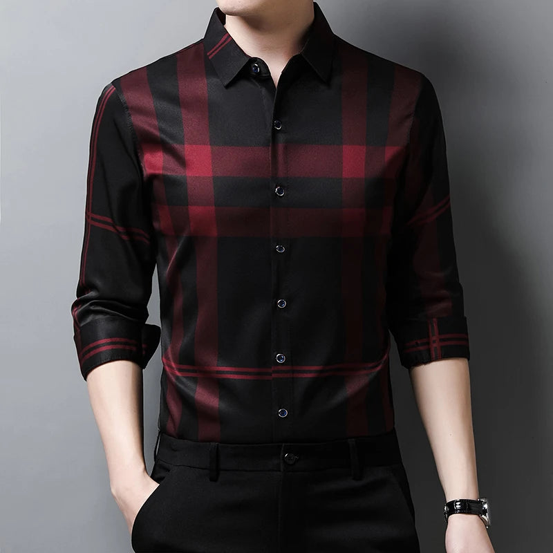 New Men's Casual Printed Long Sleeved Lapel Shirt for Spring and Autumn Fashion Comfortable Wrinkle Free Top Without Ironing