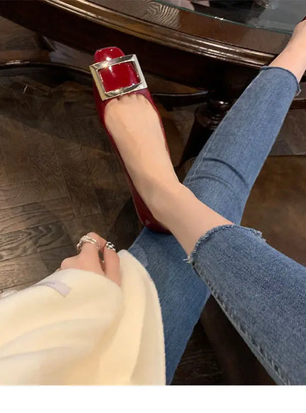 Flats Women's Shoes Patent Leather Square Buckle Shoes