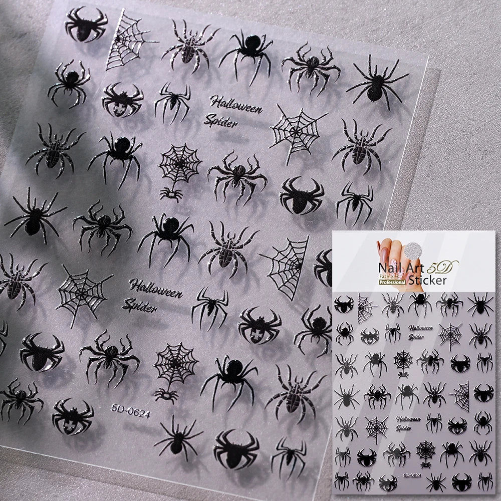 5D Skeleton Bat Halloween Nail Art Stickers y2k Black Bat White Skull Adhesive Emobossed Nail Decorative Decals Halloween Slider