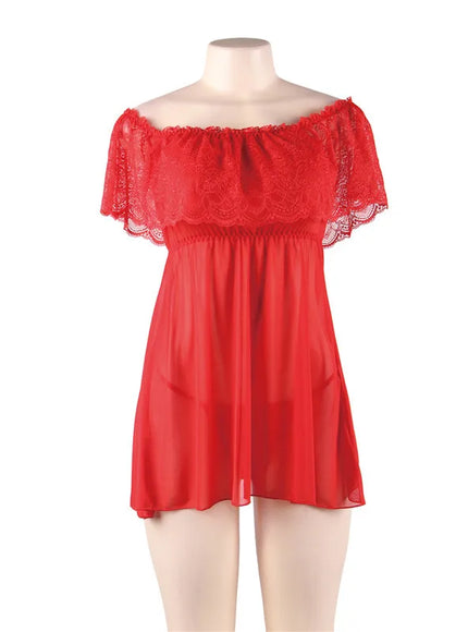 Plus Size Women Bklack Red Transparent Mesh Babydoll Chemise Sleepwearnight gown Valentine Birthday Gift from M-5XL
