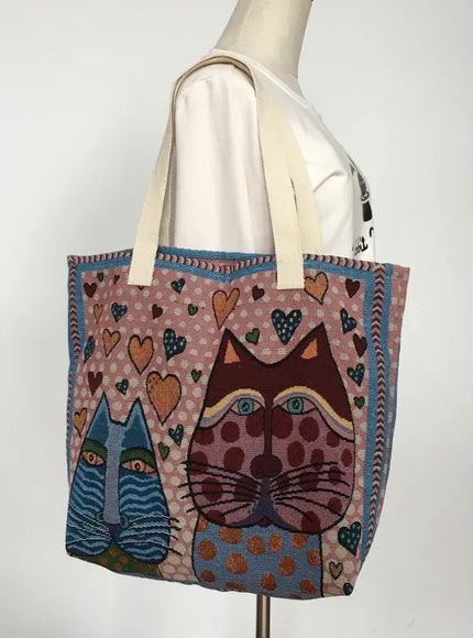 Cute Cat Pattern Wide Horizontal Canvas Tote