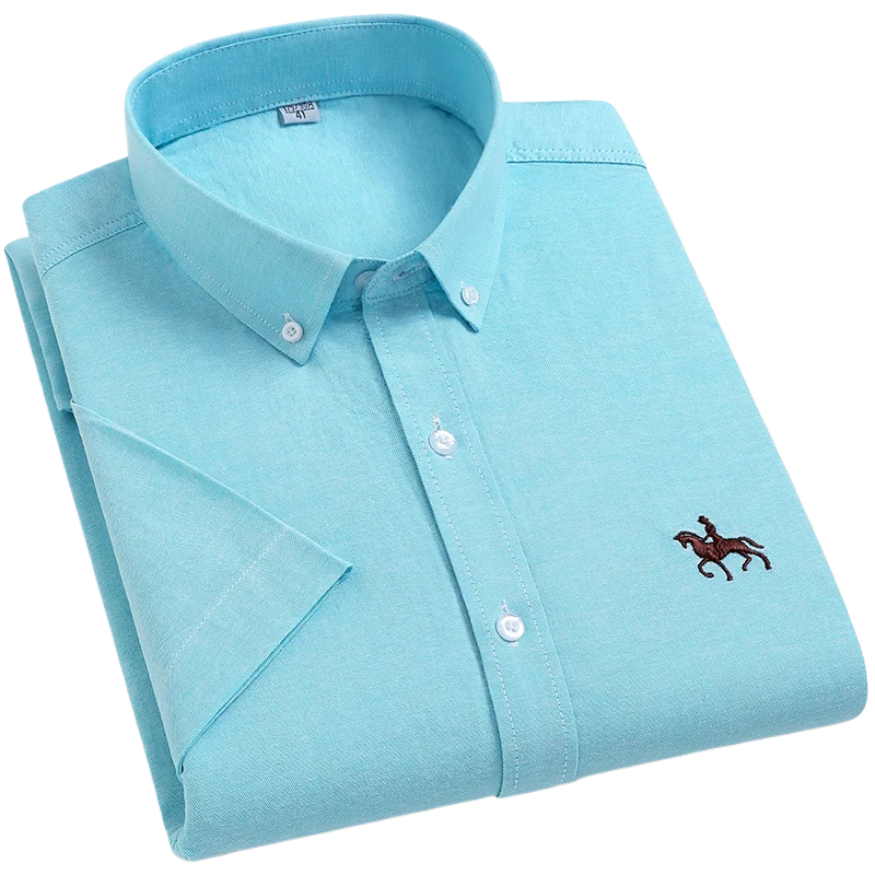 100% Cotton Oxford Shirt Men's Summer short sleeved Sleeve Embroidered Horse Casual Without Pock et Solid Shirt Plus Size S-6XL