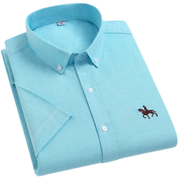 100% Cotton Oxford Shirt Men's Summer short sleeved Sleeve Embroidered Horse Casual Without Pock et Solid Shirt Plus Size S-6XL