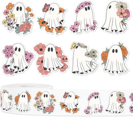 500Pcs Halloween Stickers 8 Designs Floral Ghost Decals Cute Adhesive Sealing Labels for Grocery Baking Bag Party Favor Supplies
