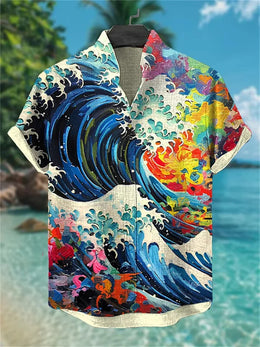 Men's short-sleeved shirt, samurai ink painting print, loose and breathable casual top, trendy retro design Hawaiian shirt.