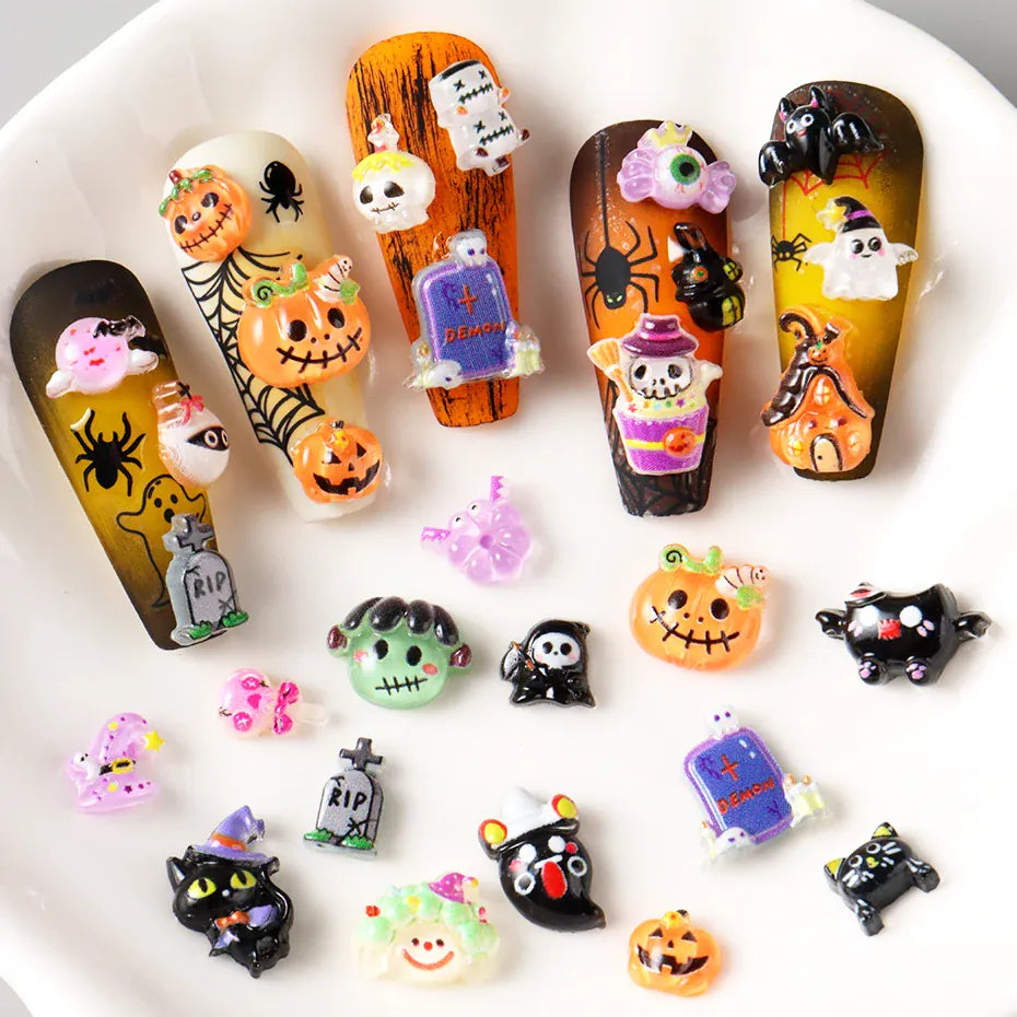 Cute Black Cat Ghost Pumpkin Bat Skull Spider Nail Art Decorations Charms Halloween Rhinestones Nail Art Decorations Accessories
