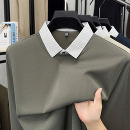 2026 New Men's Fake Two Piece Polo Shirt Casual Fashion Long Sleeve Collar T-shirt Versatile Top