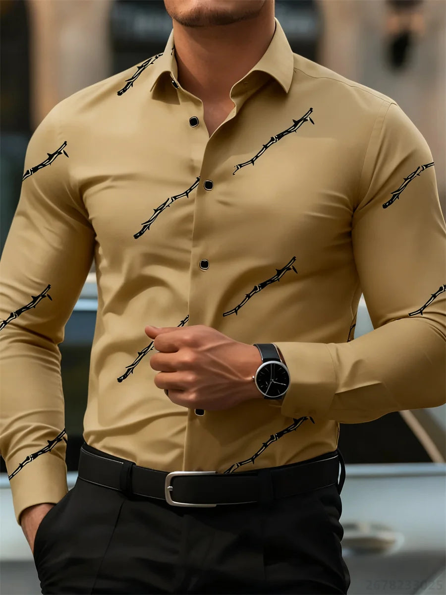 Men's personalized thorn print long-sleeved shirt. Business casual style, fashionable design, versatile and non-iron shirt.