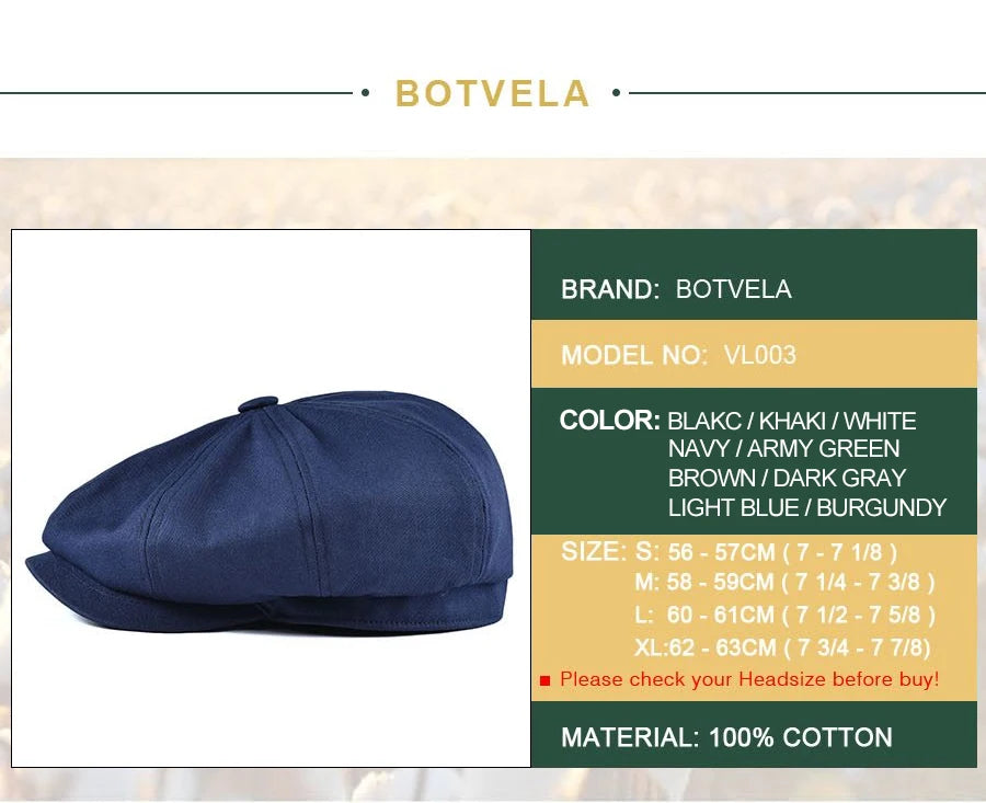 BOTVELA Men's Newsboy Cap Twill Cotton 8 Panel Hat Flat Ivy Cabbie Casual Baker Caps Gatsby Hat Retro Hats Boina Beret for Male