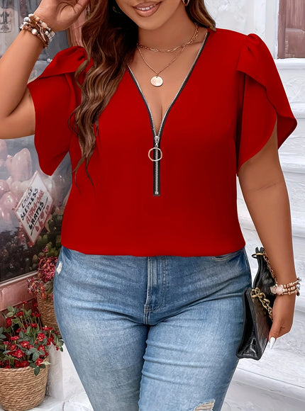 Plus Size Summer Women Elegant Zipper Chiffon Blouses Shirt Casual Office Lady Sollid Tops V Neck Female Clothing