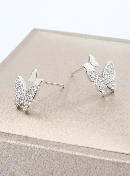 Butterfly Full Diamond Stud Ladies Simple Everything Temperament S925 Silver Plated Earrings Small Exquisite Send Girlfriend