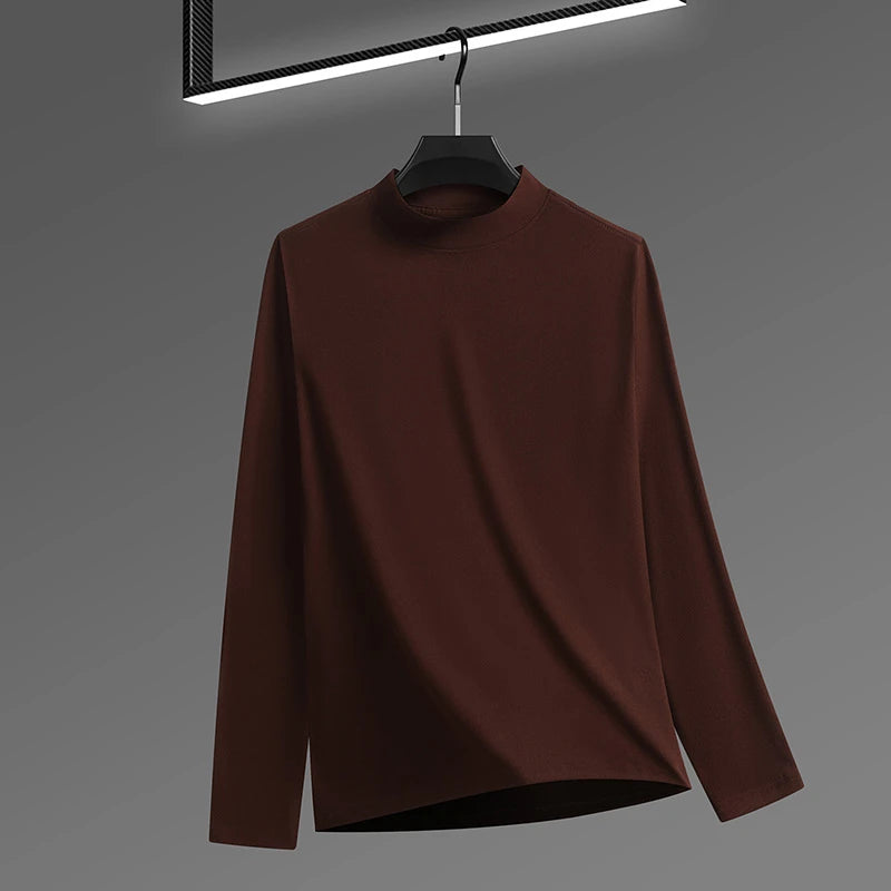 2026 New Men's Casual Solid Color High Collar Velvet Long Sleeve T-shirt Spring and Autumn Versatile Comfortable Top