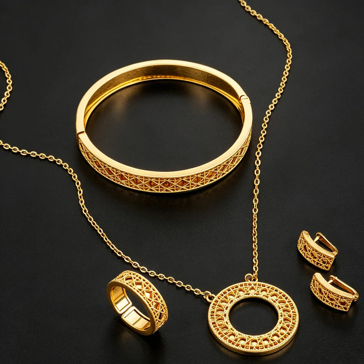 Circular Hollow Bracelet Necklace Ring Earring 4pcs Set 18k Gold-Plated Copper Jewelry Accessories Geometric Pattern Gifts