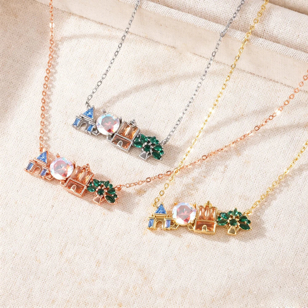 18K Gold Plated Colored Zircon Inlaid Amusement Park Pendant Necklace Cute Sweet Design Versatile Fashion Jewelry Girl 's Gift