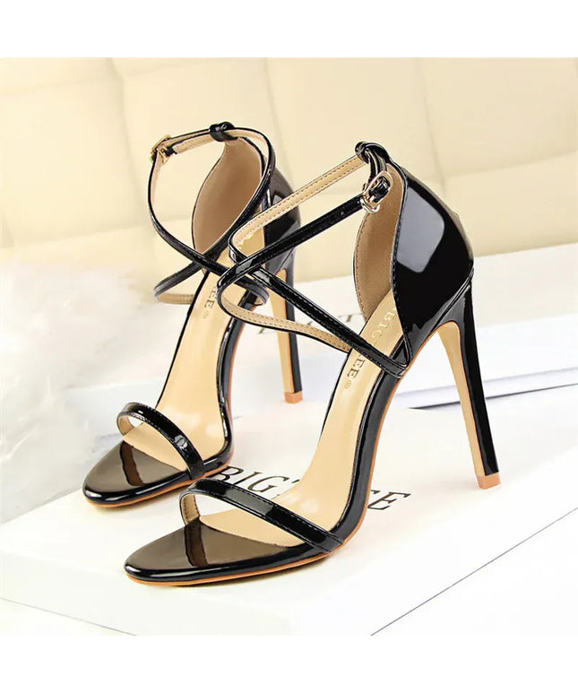 Dropshipman 126-8 Black 11cm / 36 / CHINA Women Thin High Heels Summer Champagne Gold Open Toe Buckle Strap Sandals Roman Pumps Gladiators Hollow Cross Strap Sandals