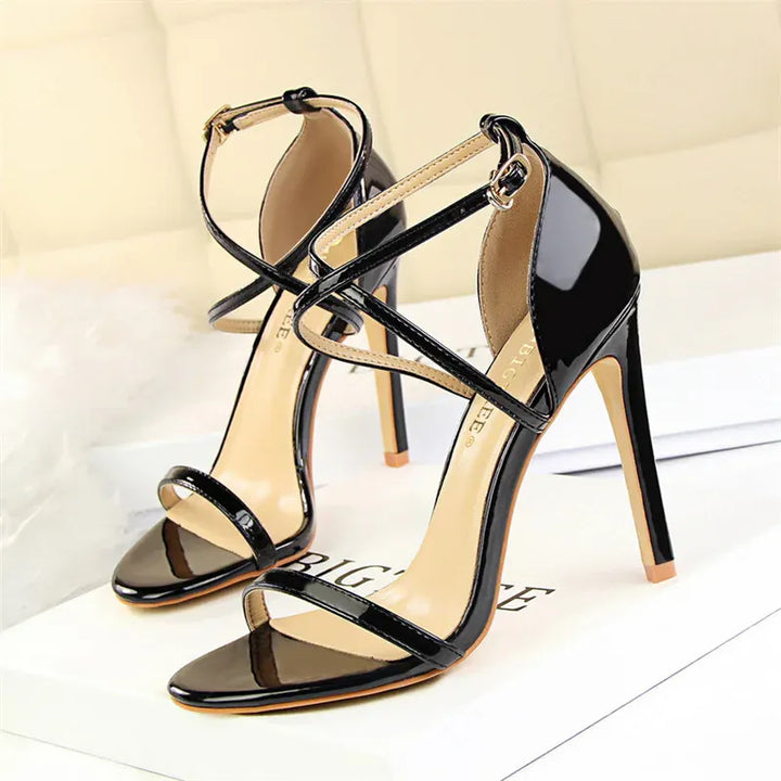 Women Thin High Heels Summer Champagne Gold Open Toe Buckle Strap Sandals Roman Pumps Gladiators Hollow Cross Strap Sandals