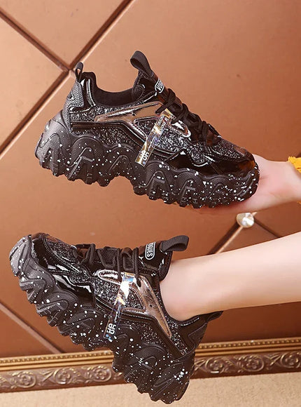 Comemore Women New Bling Platform Sneakers for Girls Casual Chunky Sneaker 6cm Thick Bottom Sports Shoes Platform Red Silver 40