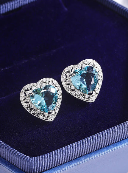 KissIcon 925 Silver Plated Heart Earrings - Blue Zircon