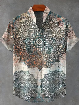 Summer Men's Printed Short Sleeve Shirt Vintage Linen Shirt Men's Festival Casual Short Sleeve Top Street Trend Fast Delivery