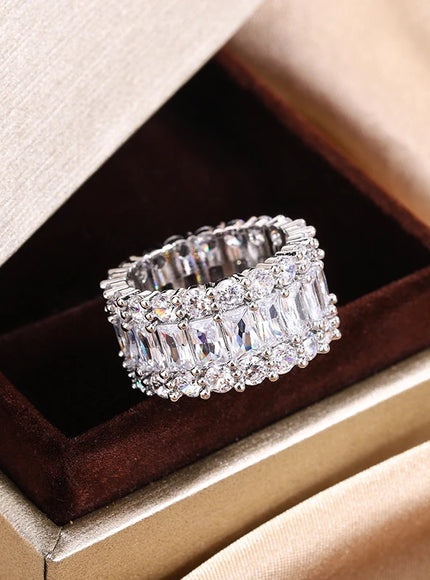 KissIcon S925 Silver Plated Colorful Big Band Ring - Zircon
