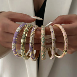 Elegant Enamel Dropped Glaze Flower Texture Bracelet For Women Retro Gold Plated Evil Eye Floral Zircon Bangle Party Jewelry