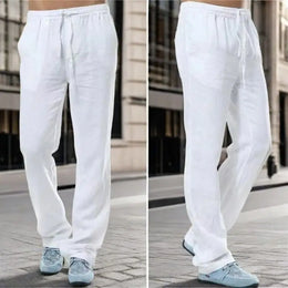 Men's Cotton Linen Trousers Men's Autumn New Breathable Leisure Solid Colour Drawstring Elastic Waist Running Trousers