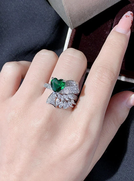 Exquisite Silver Plated Ladies Green Heart Zircon Bow Ring