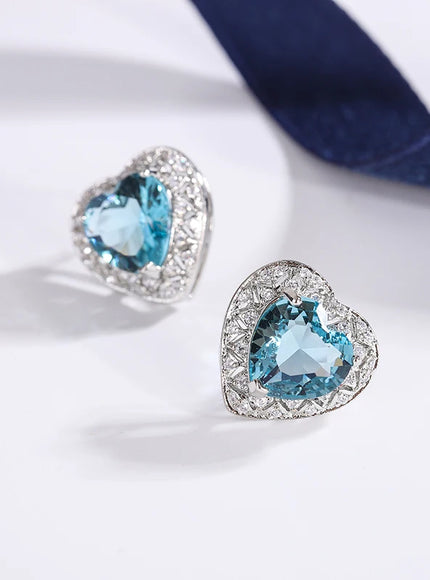 KissIcon 925 Silver Plated Heart Earrings - Blue Zircon