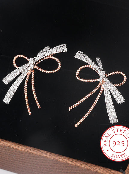 S925 Silver Plated Bowknot Stud Earrings Two Tone Zircon