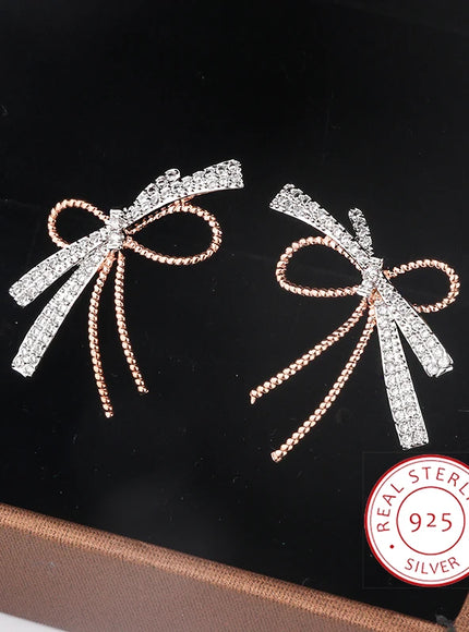 S925 Silver Plated Bowknot Stud Earrings Two Tone Zircon
