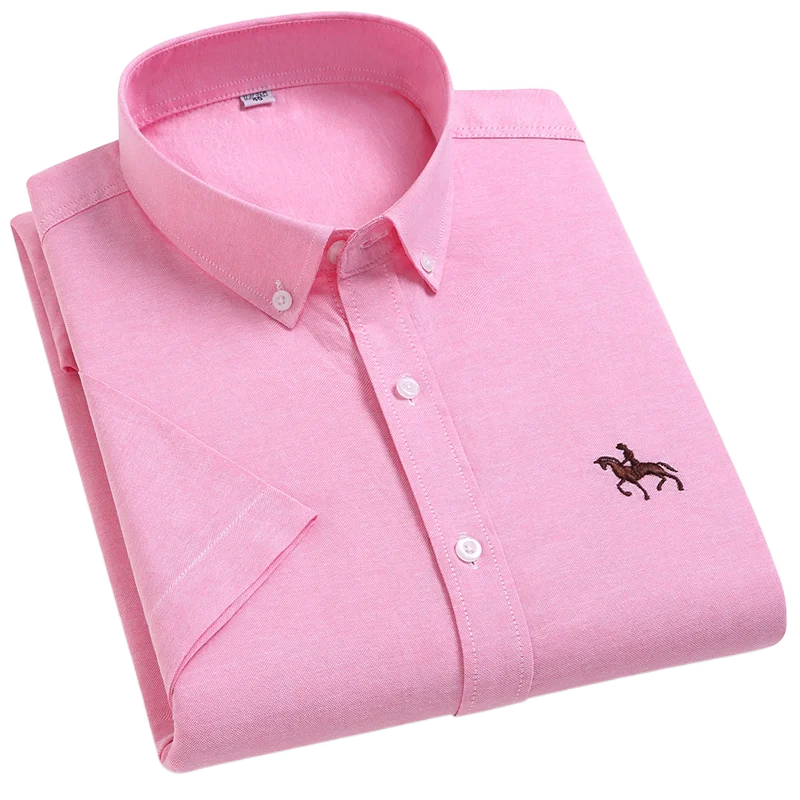 100% Cotton Oxford Shirt Men's Summer short sleeved Sleeve Embroidered Horse Casual Without Pock et Solid Shirt Plus Size S-6XL